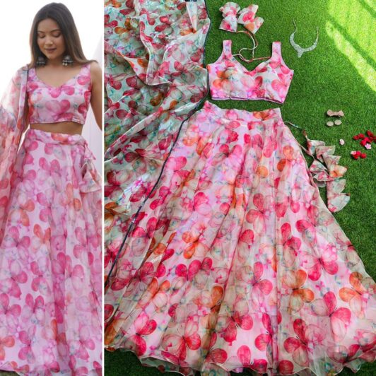 PINK ORGANZA SILK FLORAL READY MADE LEHENGA PREORDER SPECIAL SC262