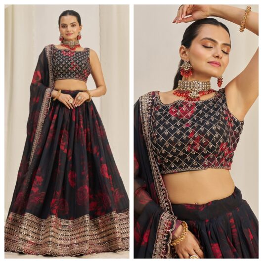 BLACK FLORAL ORGANZA SILK LEHENGA PREORDER SPECIAL TF326