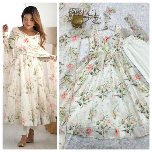 OFF WHITE FLORAL READY MADE ANARKALI SUIT PREORDER SPECIAL KBH2
