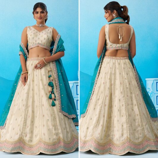 CREAM & RAMA TISSUE  SILK LEHENGA READY TO DISPATCH 6137