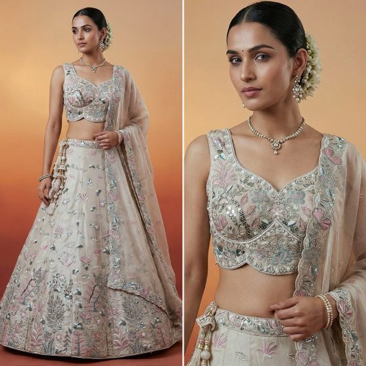 SILVER ORGANZA SILK LEHENGA PREORDER SPECIAL HOP6338SIL