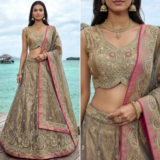 COFFEE TISSUE SILK LEHENGA  READY TO DISPATCH 6316