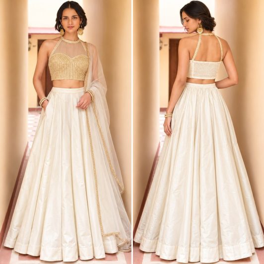 IVORY ROMAN SILK READY MADE LEHENGA PREORDER SPECIAL ALI9028