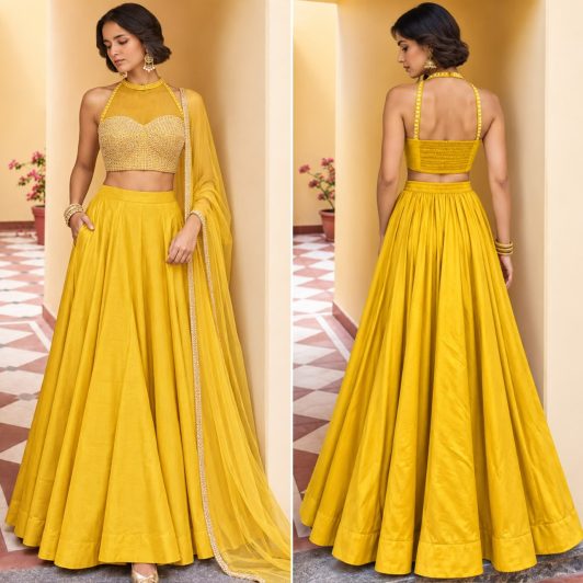 YELLOW ROMAN SILK READY MADE LEHENGA PREORDER SPECIAL ALI9027